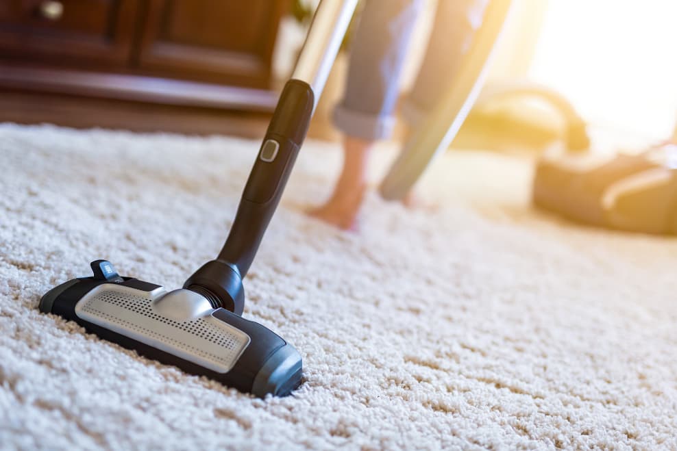 woman vacuuming the carpet in her home.